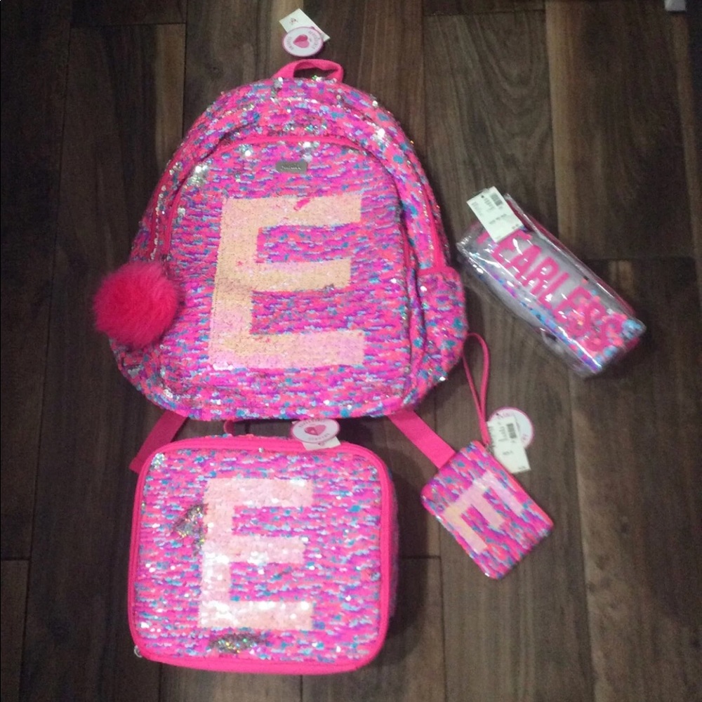 Justice backpack set letter “E”